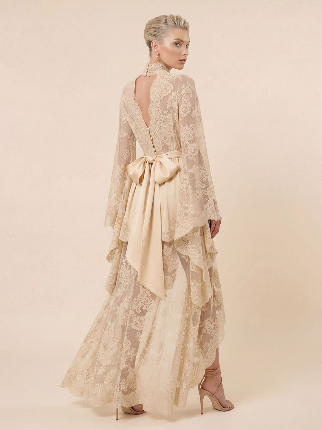 Elegant Lace High Neck Irregular Hem Maxi Dress