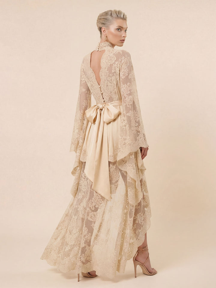 Elegant Lace High Neck Irregular Hem Maxi Dress