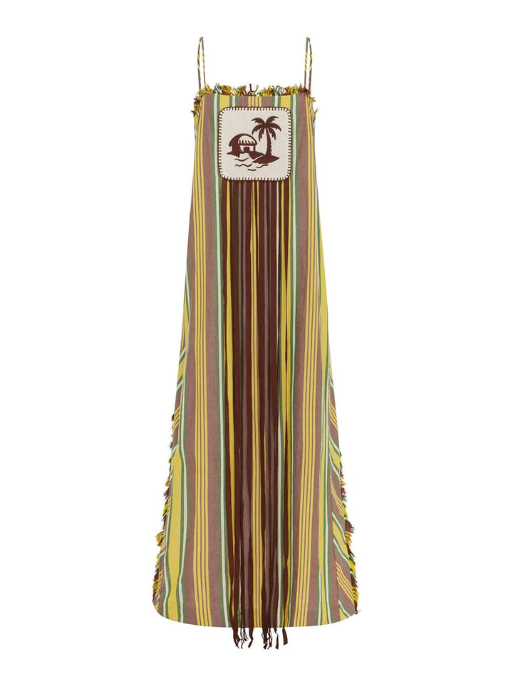Retro Striped Palm Tree Print Spaghetti Strap Slit Maxi Dress