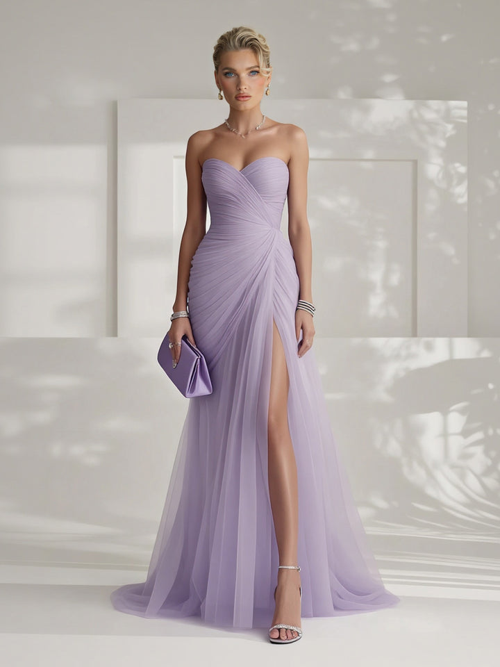 Elegant Strapless Pleated Tulle Maxi Dress