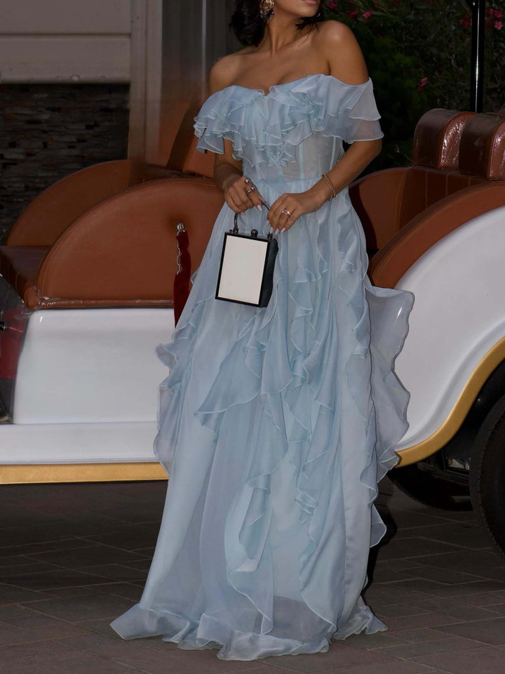 Elegant Off-Shoulder Ruffle Chiffon Maxi Dress