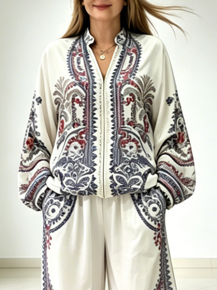 Elegant Paisley Print Zip-Up Long Sleeve Shirt