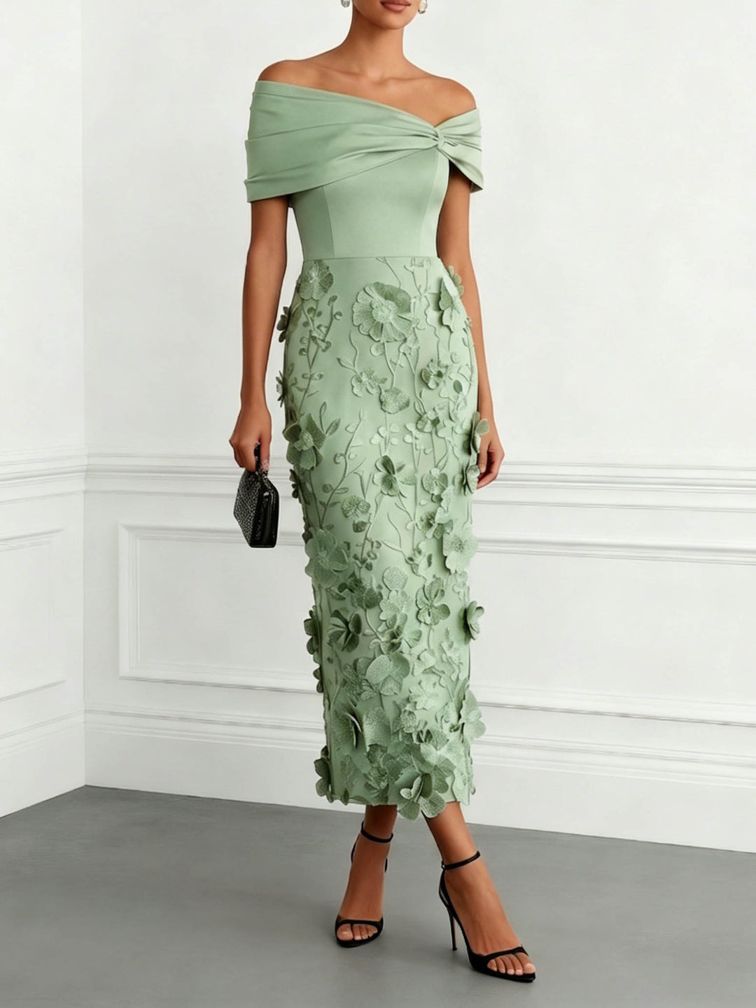 Elegant Floral Embroidered Off-Shoulder Maxi Dress