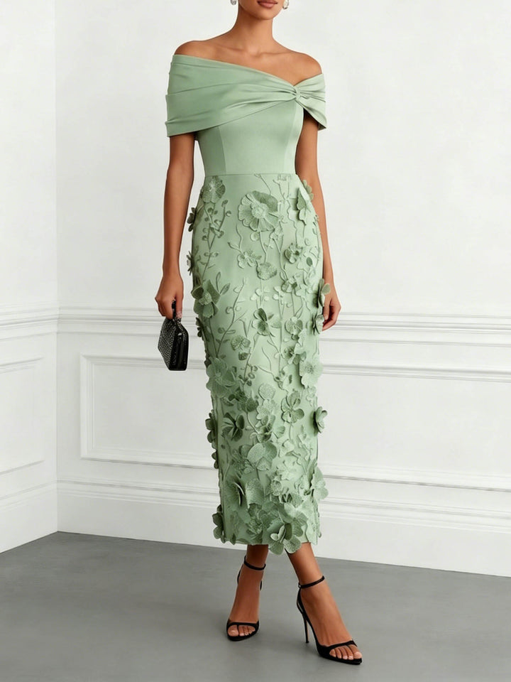 Elegant Floral Embroidered Off-Shoulder Maxi Dress