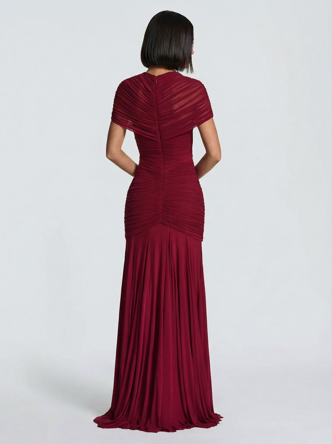 Mesh Pleated Short-sleeved Cutout Maxi Dress
