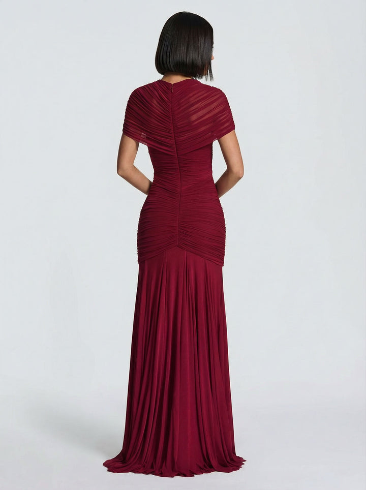 Mesh Pleated Short-sleeved Cutout Maxi Dress