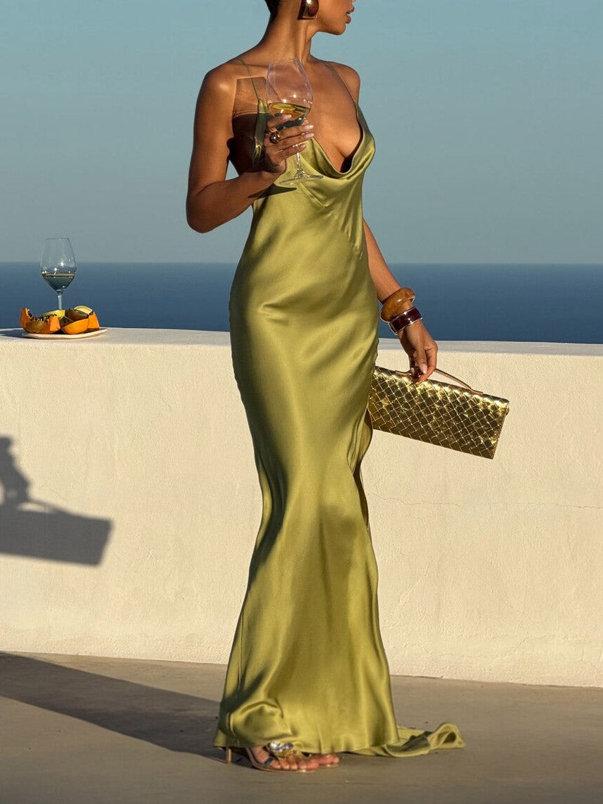 Elegant Satin Draped Backless Maxi Dress