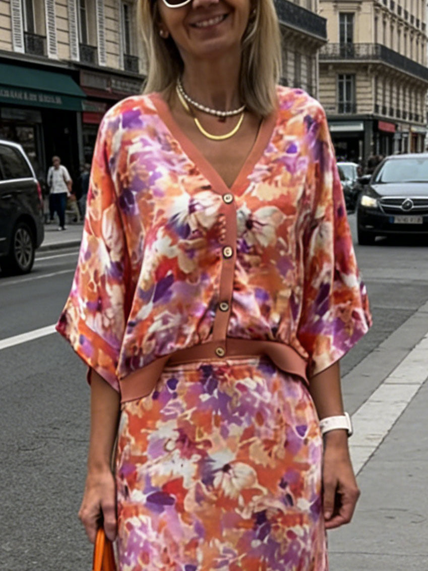 Exquisite Floral Print Satin High-Waisted Midi Skirt