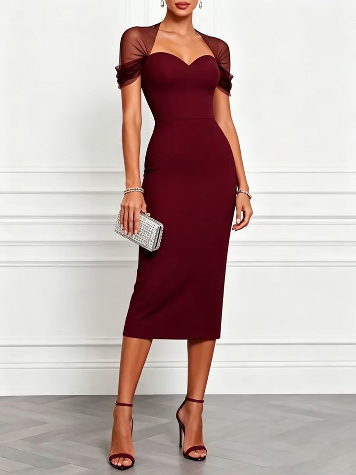 Elegant Sweetheart Neck Mesh Sleeve Bodycon Midi Dress