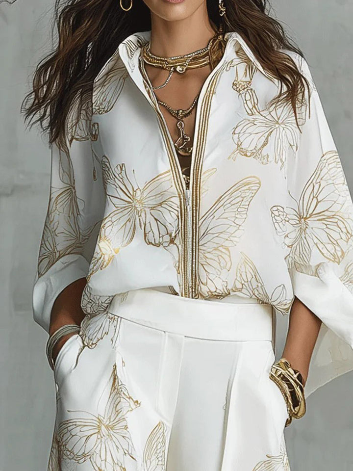 Elegant Butterfly Print Wide-Leg Pants