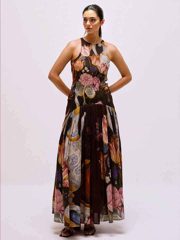 Exquisite Botanical Print Sleeveless Pleated Maxi Dress