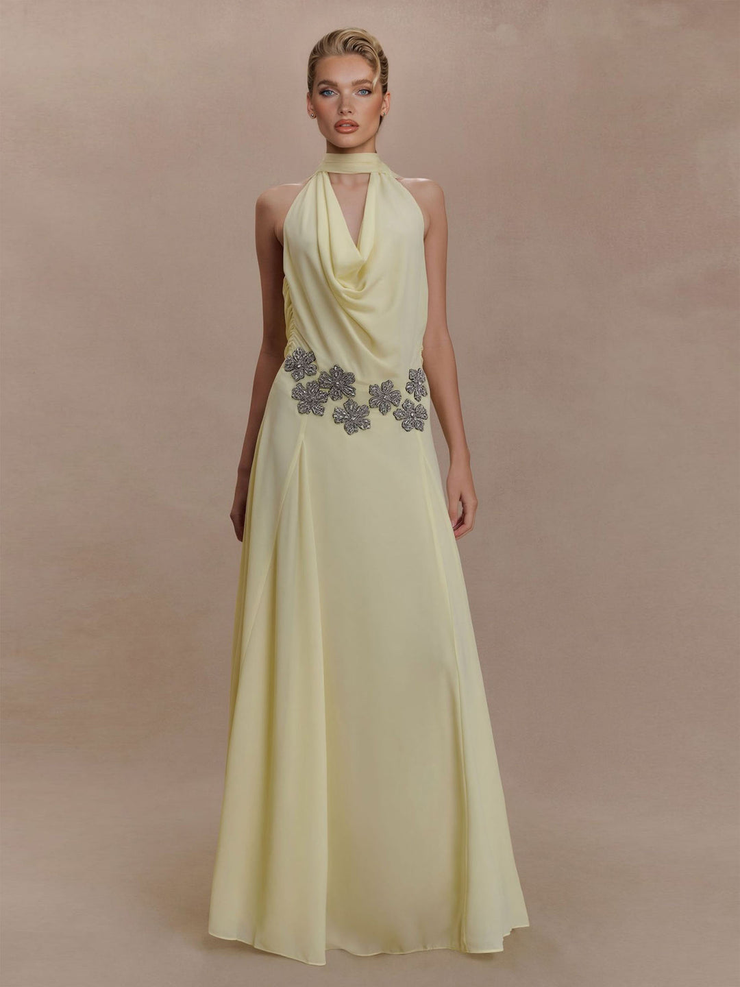Elegant Draped Halter Embellished Maxi Dress