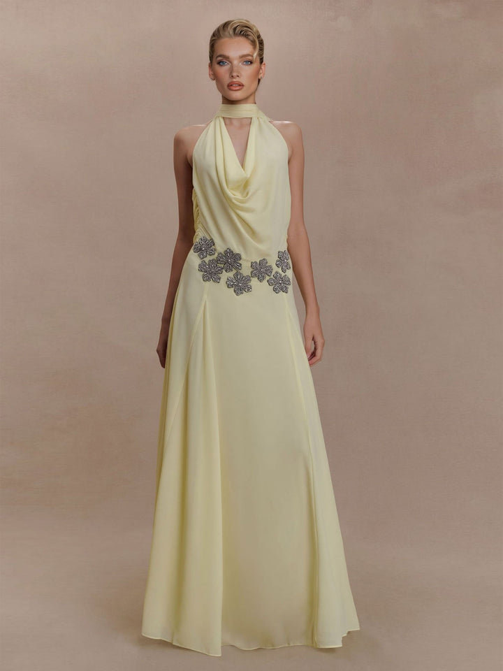 Elegant Draped Halter Embellished Maxi Dress