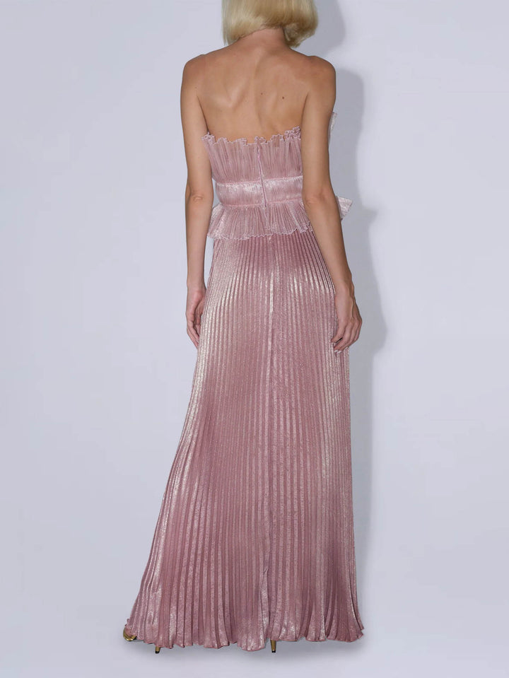 Blush Metallic Pleated Strapless Maxi Dress