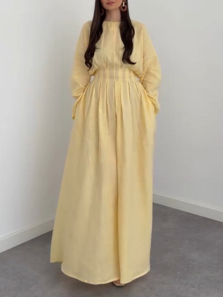 Elegant Long Sleeve Pleated Waist Maxi Dress