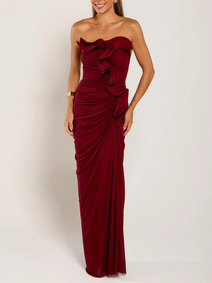 Elegant Strapless Ruched Floral Applique Maxi Dress