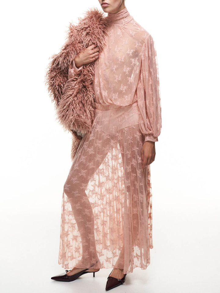 Elegant Mesh Ruffled Lace High-Neck Blouse & Elastic Waist Skirt Set
