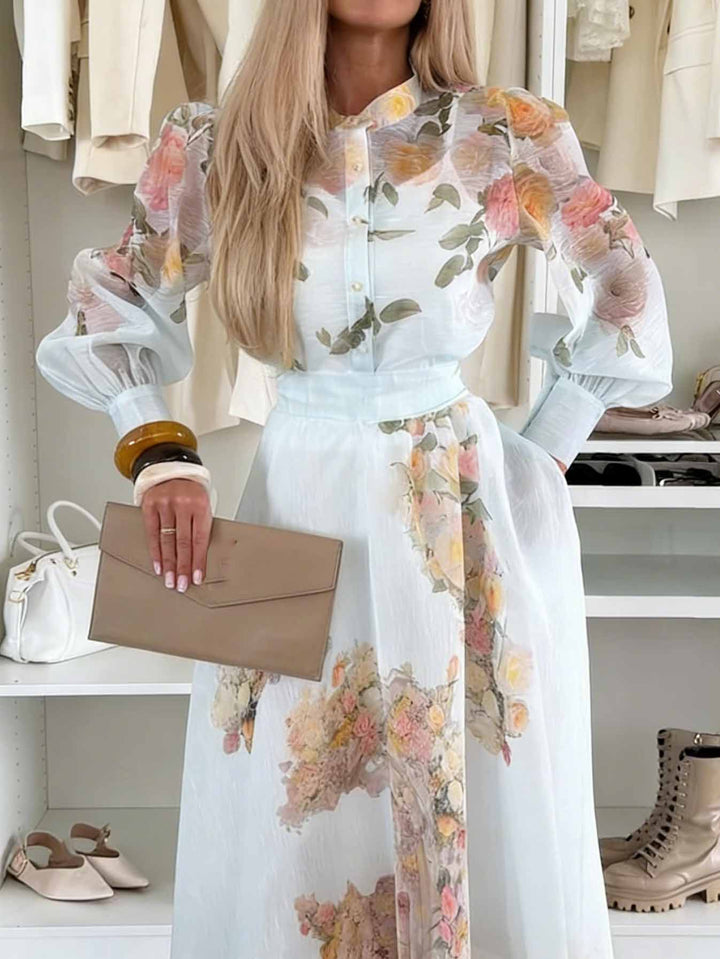 Elegant Sheer Floral Print Top & Skirt Two-Piece Set