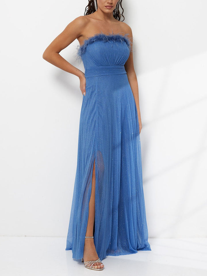 Elegant Feather Trim Shimmer Strapless Maxi Dress