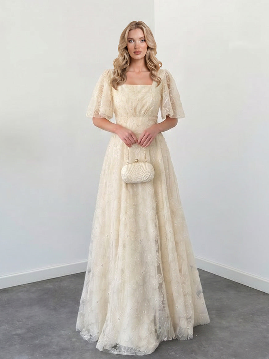 Elegant Square Neck Sheer Tulle Floral Embroidered Maxi Dress
