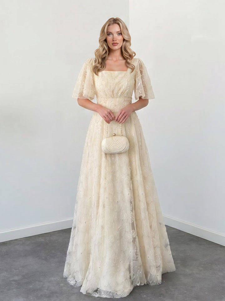 Elegant Square Neck Sheer Tulle Floral Embroidered Maxi Dress
