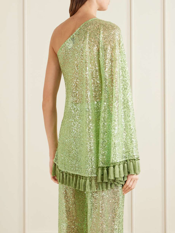 Elegant One-Shoulder Sequin Tassel Top & Flared Pants Two-Piece Set