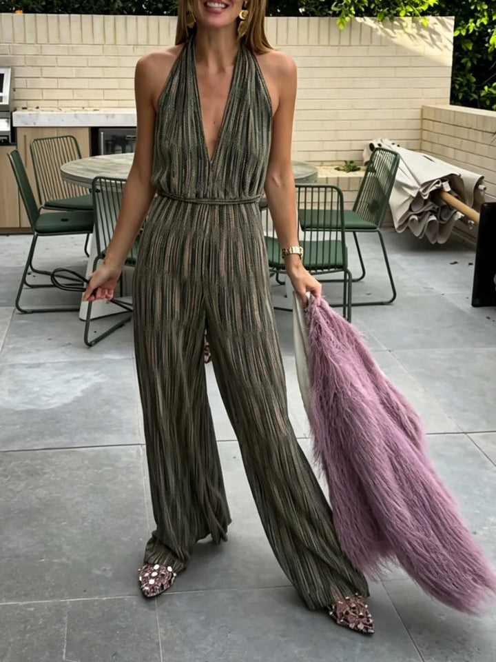 Elegant Shimmer Backless Wide Leg Jumpsuit