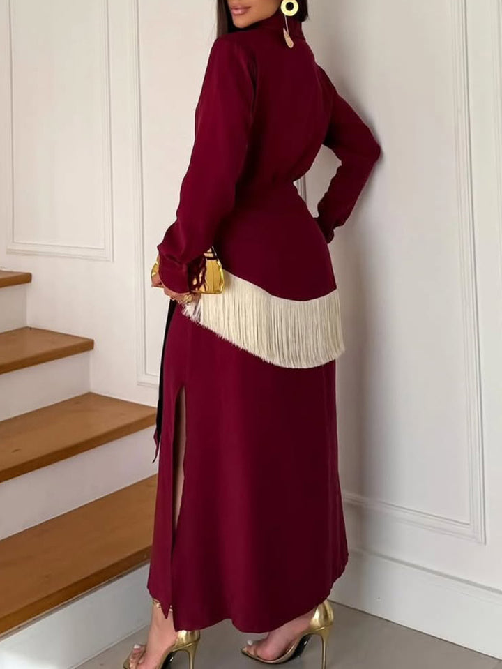 Casual Wrap Fringe Button-Front Shirt Maxi Dress