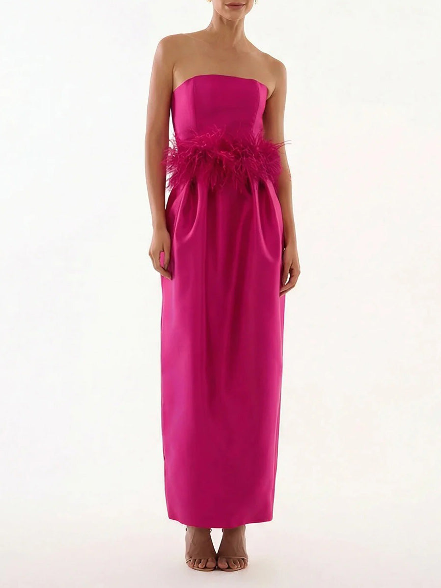 Elegant Strapless Feather Trim Evening Gown Maxi Dress