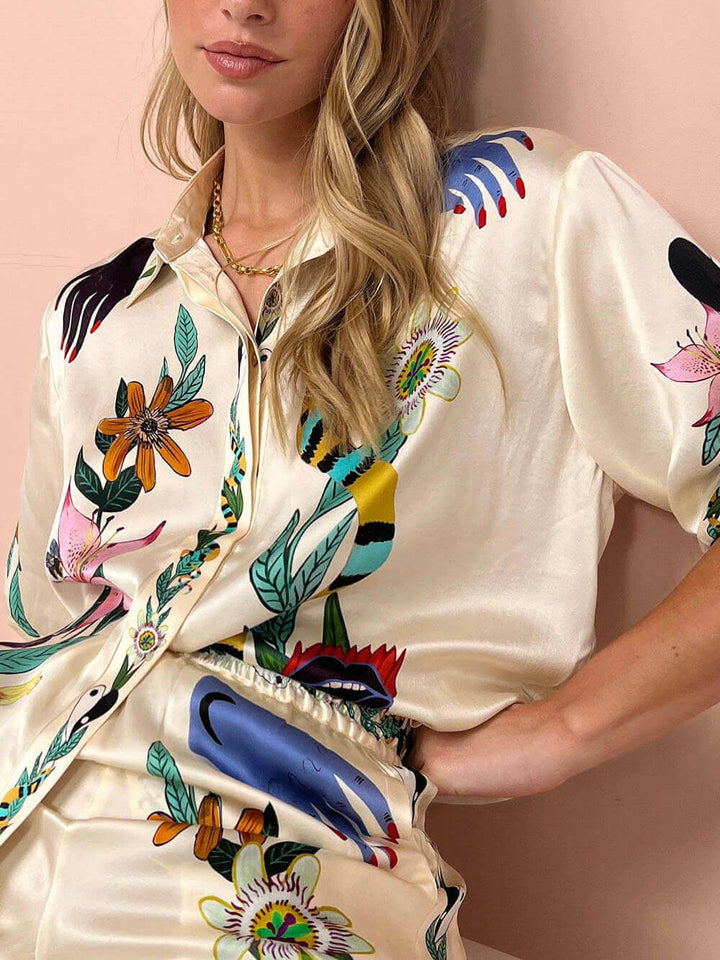 Modern Sophisticated Feel Satin Unique Print Oversized Blouse Elastic Waist Pocketed Wide Leg Pants Set