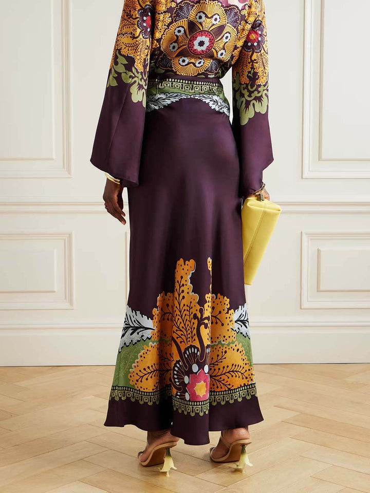 Retro Ethnic Print Satin Twill Maxi Skirt