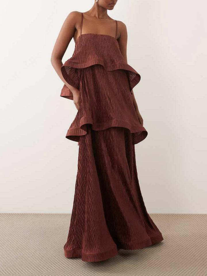 Elegant Textured Tiered Spaghetti Strap Maxi Dress