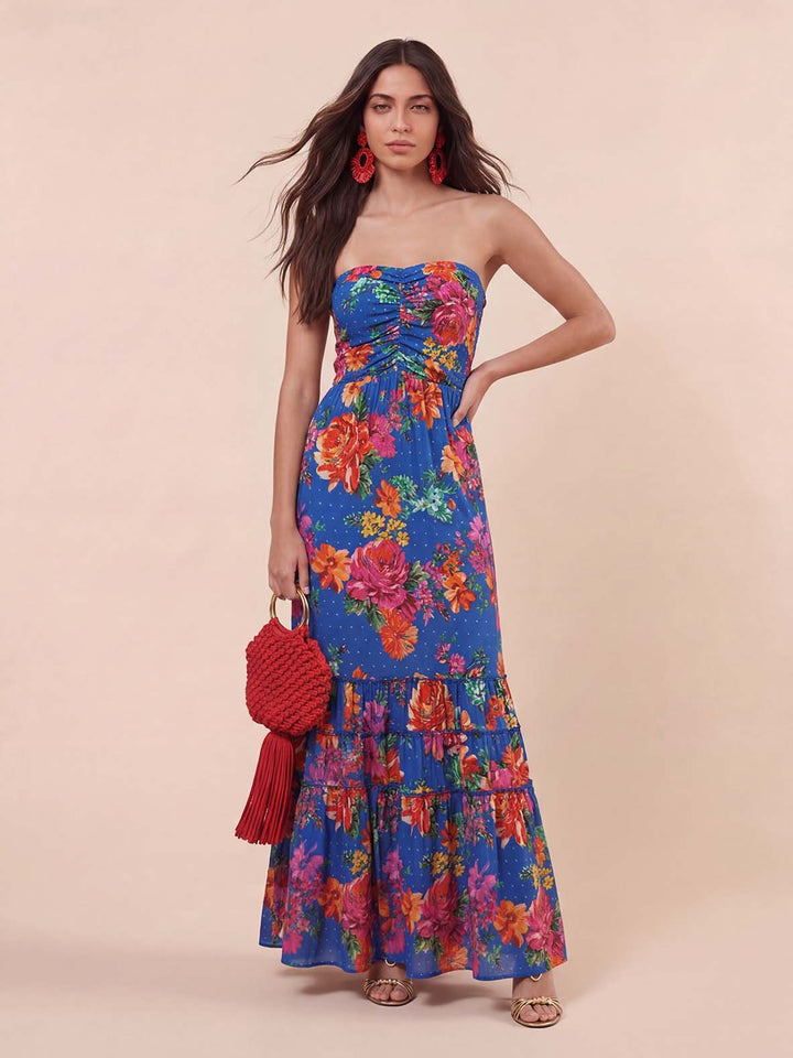 Exquisite Floral Print Strapless Layered Ruffled Maxi Dress