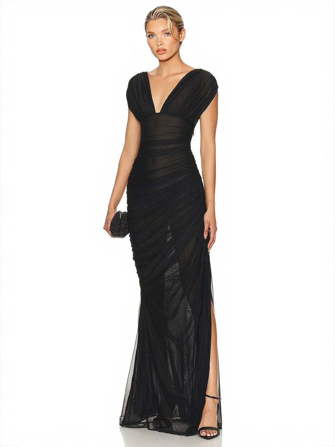 Elegant Sheer Mesh Ruched Deep V-Neck Maxi Dress