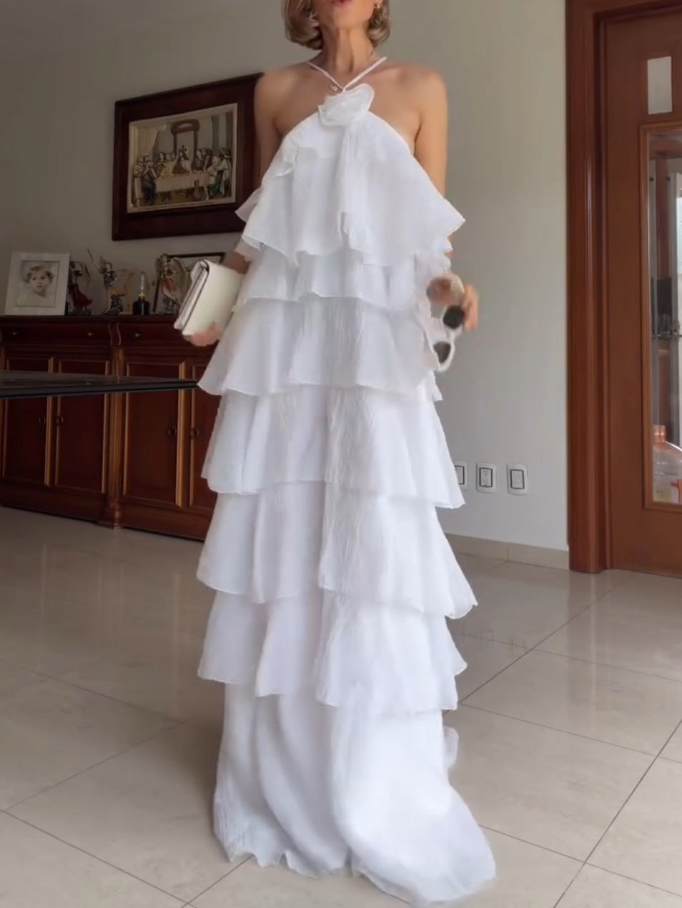 Elegant Tiered Ruffle Halter Maxi Dress