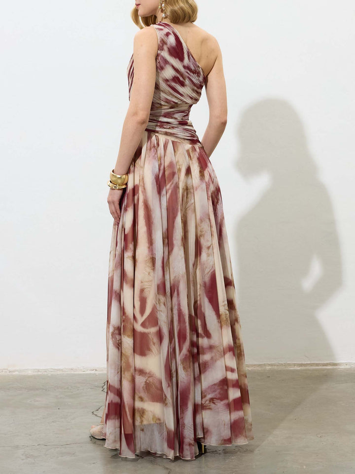 Elegant One-Shoulder Marble Print Chiffon Maxi Dress