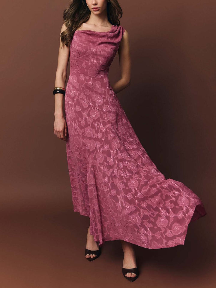 Elegant Floral Jacquard Asymmetrical One-Shoulder Maxi Dress