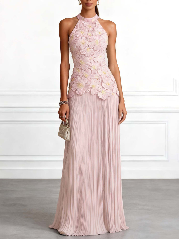 Elegant Halter Neck 3D Floral Appliqué Ruched Maxi Dress