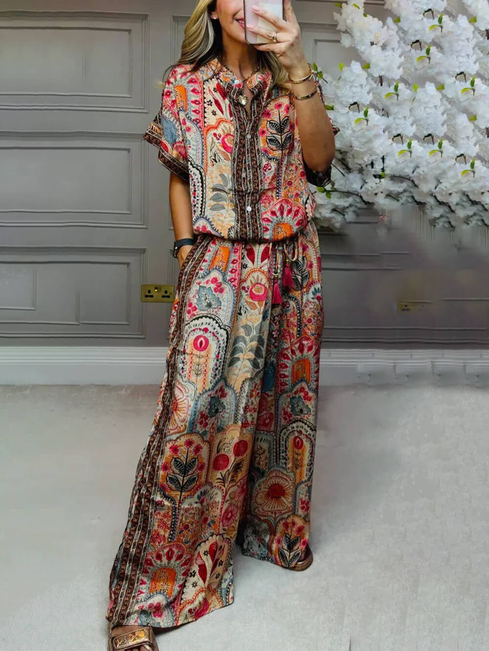 Boho Print Tassel Detail Casual Elastic Waist Pocket Wide-Leg Pants