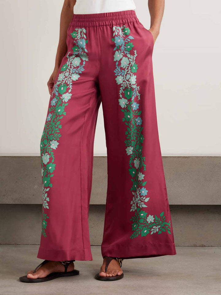 Exquisite Retro Satin Print Wide-Leg Pants