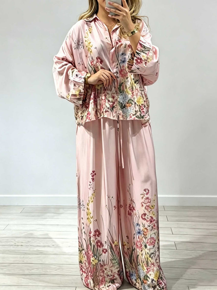 Elegant Floral Print Satin Wide Leg Pants