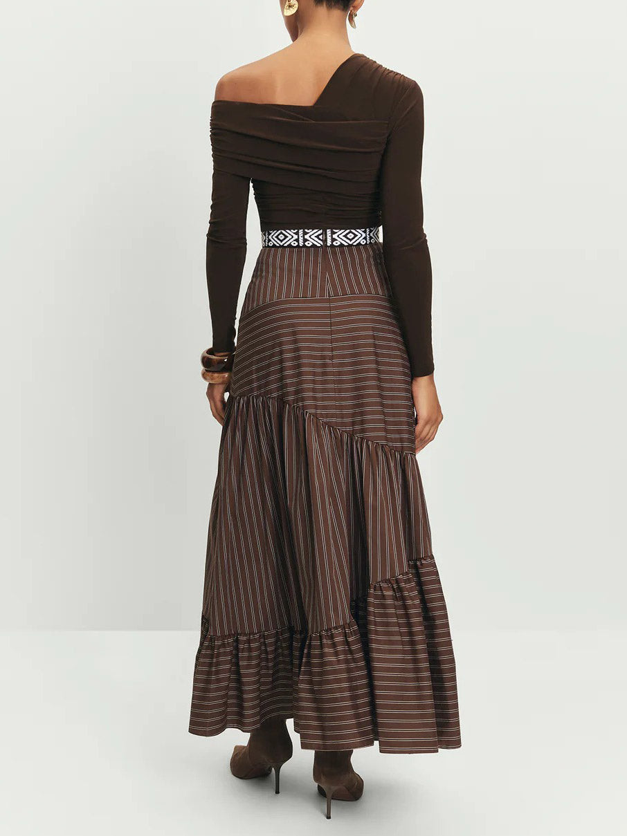 Retro Irregular Cut Striped High Waist Midi Skirt