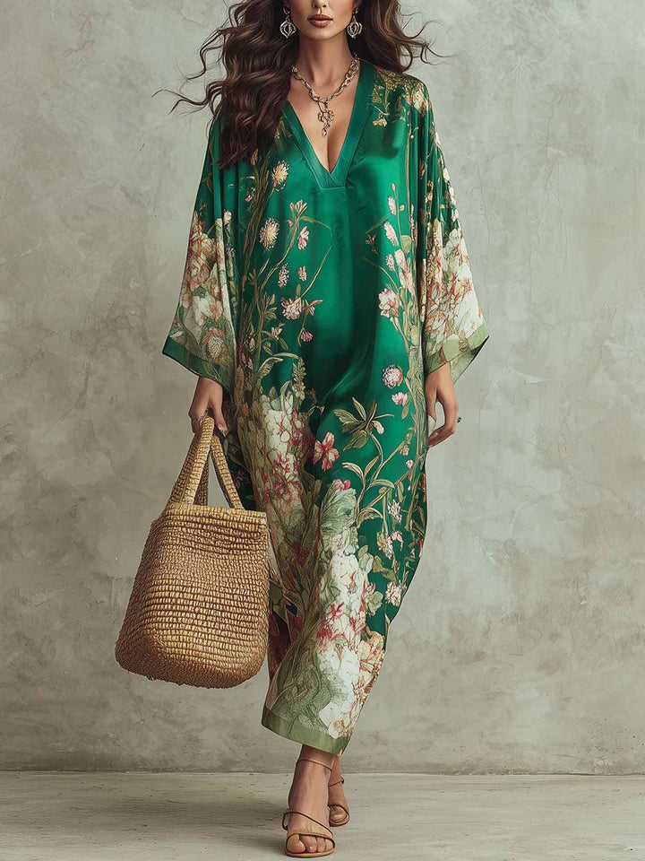 Elegant Floral Print Batwing Sleeve Maxi Dress