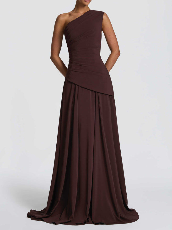 Elegant One-Shoulder Ruched Chiffon Tie-Waist Maxi Dress