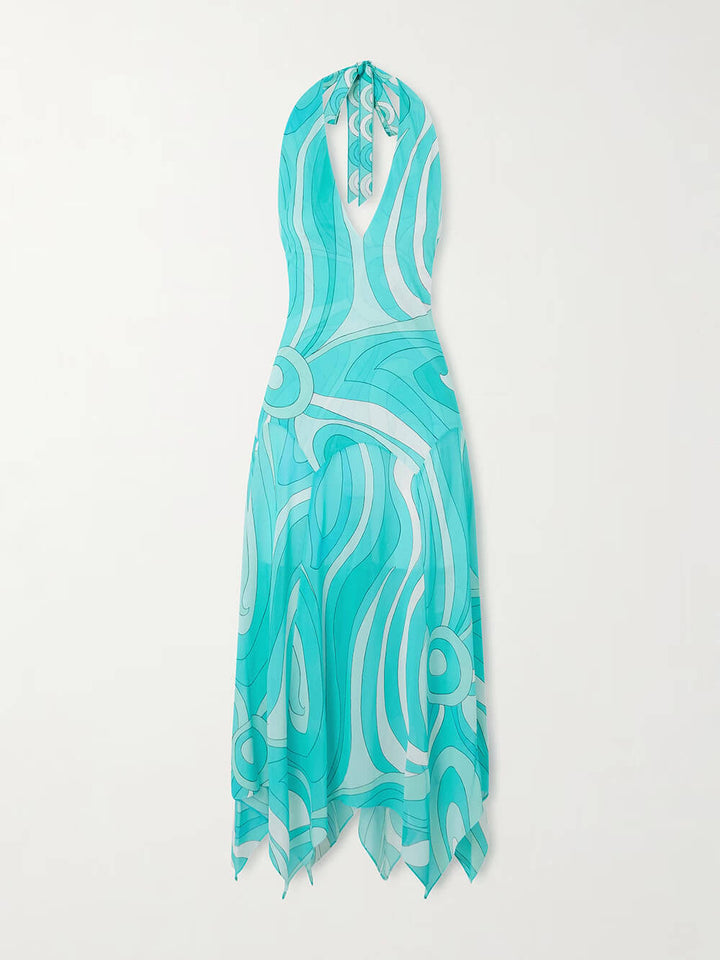 Retro Print Irregular Twill Trim Knit Backless Midi Dress
