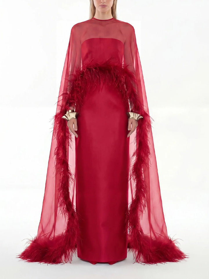 Elegant Sheer Chiffon Shawl Black Satin Maxi Dress