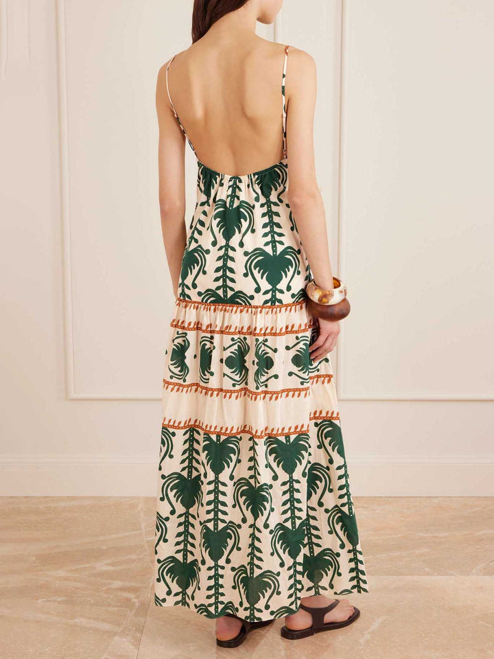 Casual Palm Tree Print V-Neck Tiered Maxi Dress