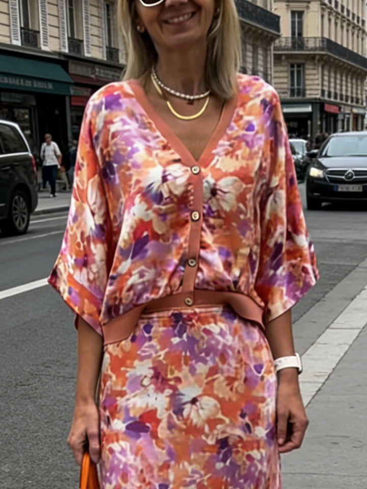 Exquisite Floral Print Satin Batwing Sleeve Shirt