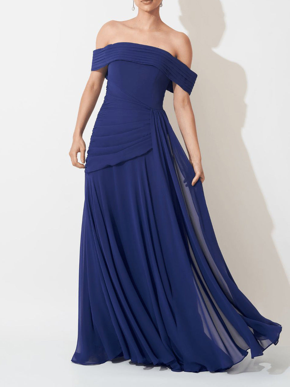 Elegant Off Shoulder Ruched Chiffon Maxi Dress