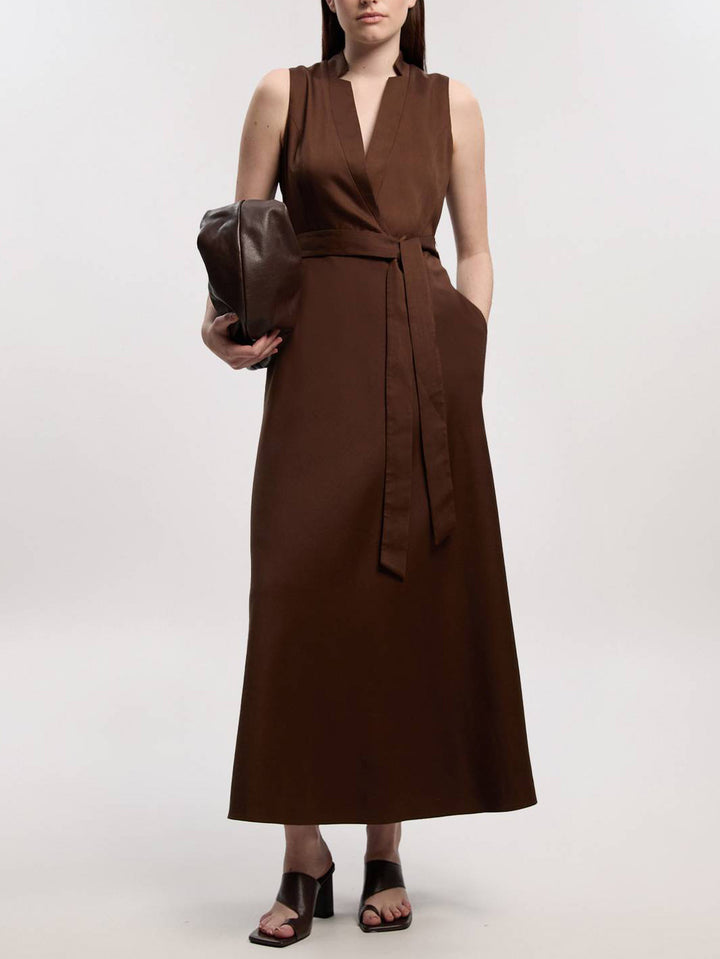 Elegant Sleeveless V-Neck Tie-Waist Satin Maxi Dress